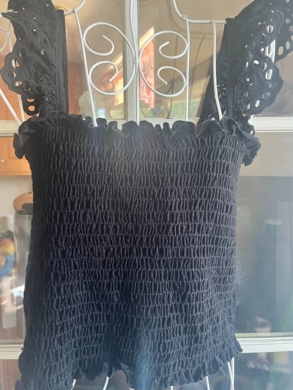 Eri + Ali Anthropologie  Smocked XS Ruffled Staps Stretch Black  Cropped Top